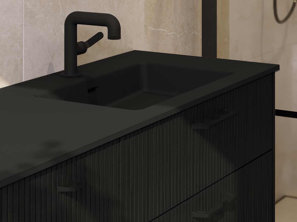 Epos badrumsmöbel med Rand front i svart ek och tvättställ i färgen aska.