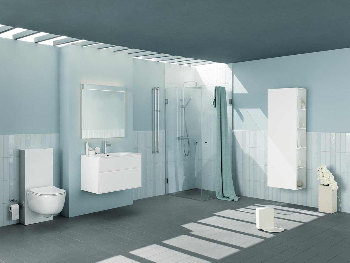 Forma tvättställsskåp med spegel och duschhörna