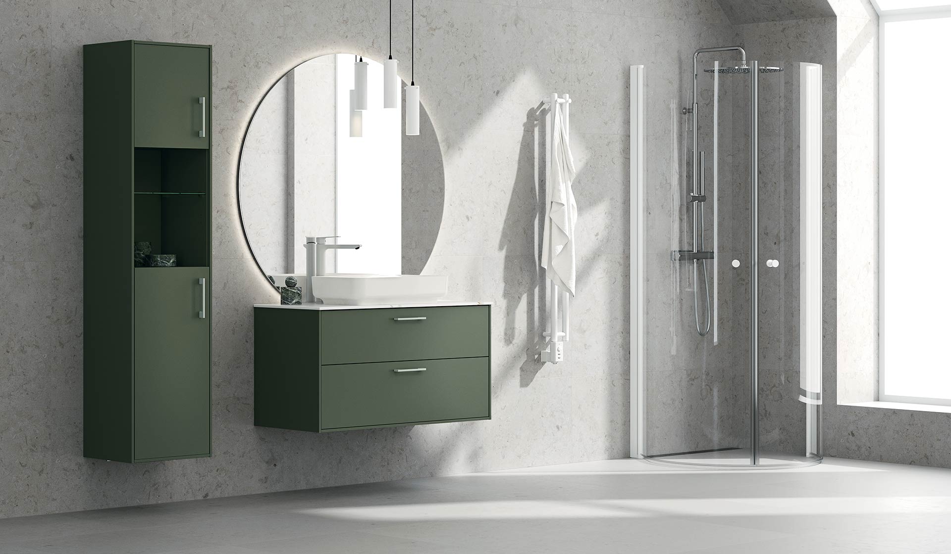 DK badrumsmöbel i Salvia med förvaring, duschhörna och spegel