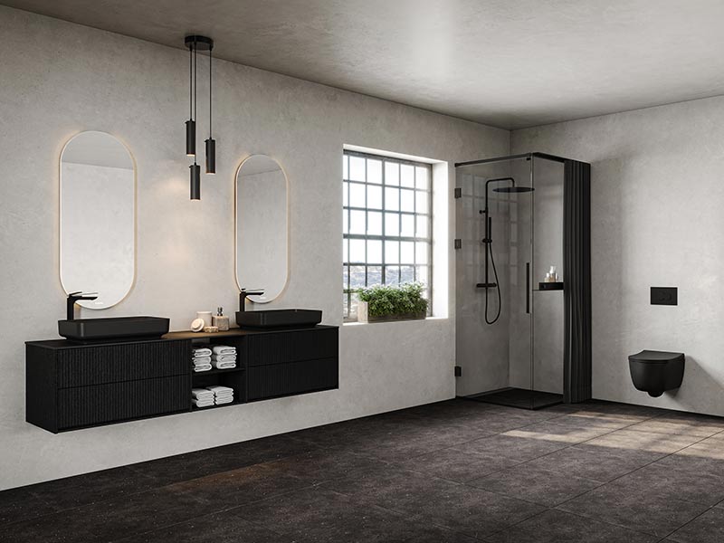 Epos badrumsmöbel med dubbla tvättställ och Langfoss dusch