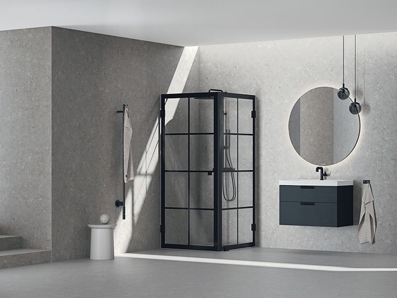 Forma tvättställsskåp i svart ek, rund spegel med belysning och duschhörna
