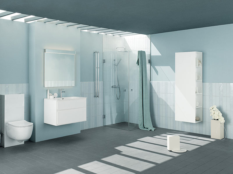 Forma tvättställsskåp, duschhörna, högskåp och WC
