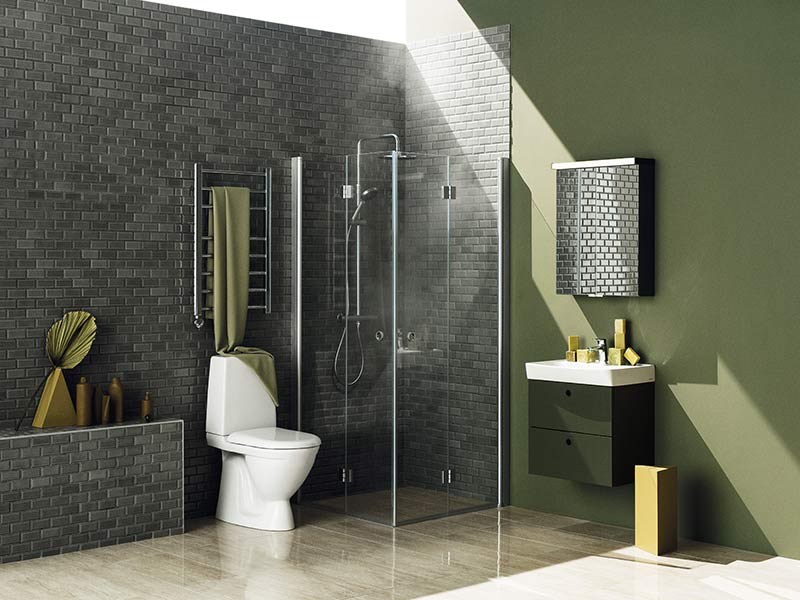 Intro badrumsmöbel i salvia med spegelskåp, duschhörna och wc