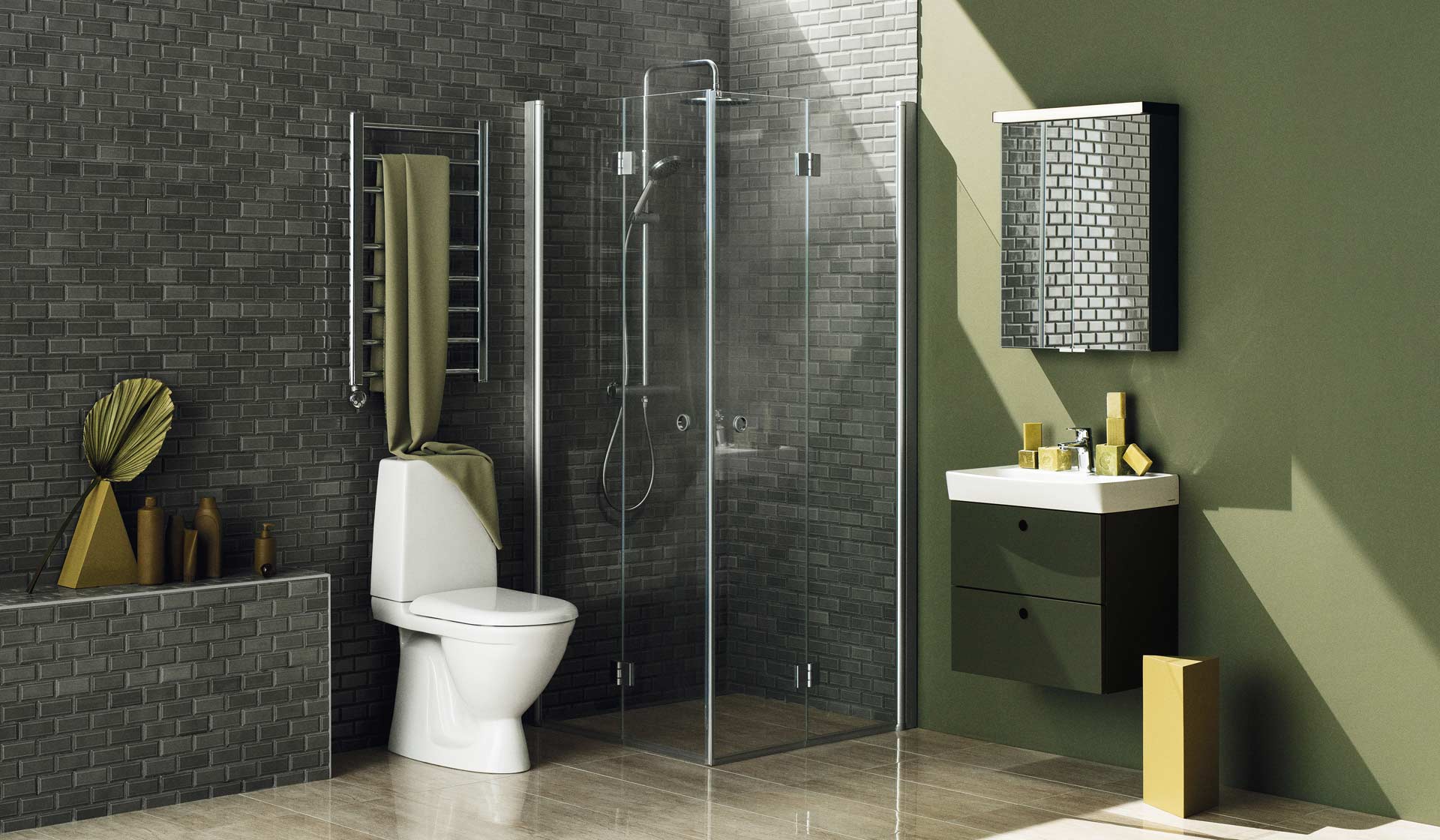 Intro tvättställsskåp i salvia, spegelskåp med belysning, duschhörna, wc och handdukstork