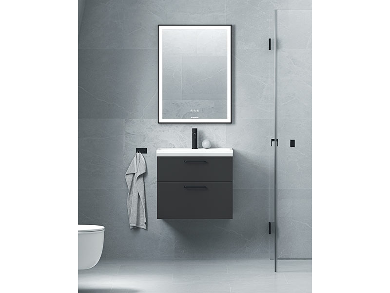 Ista spegel med svart ram och Forma badrumsmöbel
