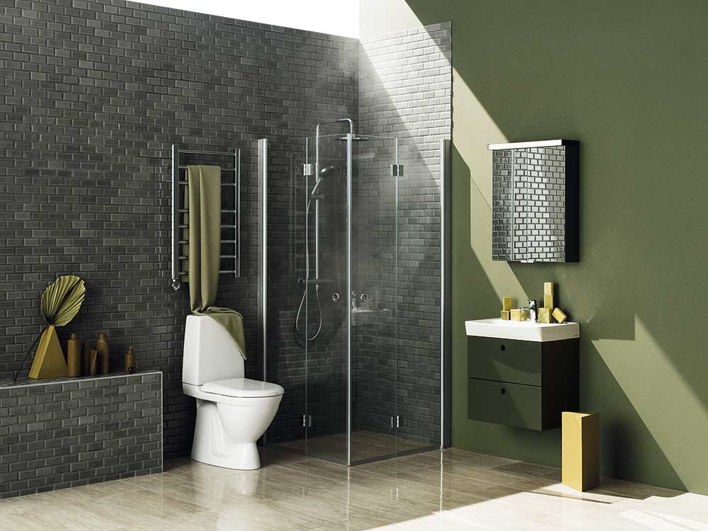 Intro badrumsmöbel i salvia med duschhörna, wc och handdukstork