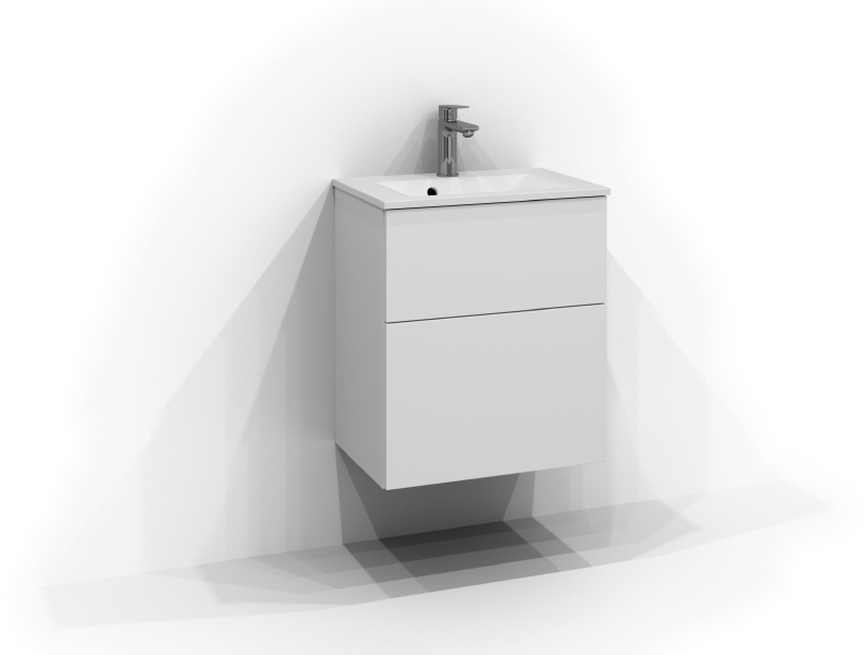 Poem kommod 50 cm bred, vägghängd, i vitt med två lådor utan handtag. Vitt tvättställ i mineralkomposit med kromad ettgreppsblandare monterad i mitten av tvättstället.
