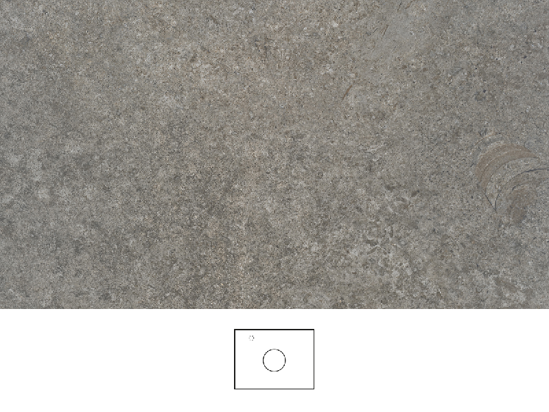 Mineral bänkskiva 60 cm i varmgrå stenlook med naturlig variation och matt struktur. Tvättställsplacering i mitten av bänkskivan, kromad ettgreppsblandare till vänster av tvättstället.