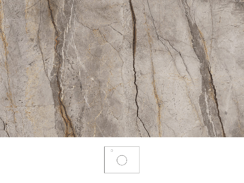 Silva bänkskiva 60 cm i varmgrå stenlook med matt, lätt strukturerad yta. Tvättställsplacering i mitten av bänkskivan, kromad ettgreppsblandare till vänster av tvättstället.