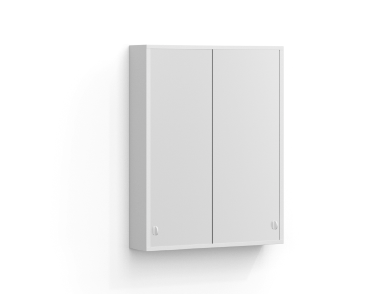 I:et spegelskåp 55 cm i vit matt med två skjutdörrar i spegelglas, utan belysning.