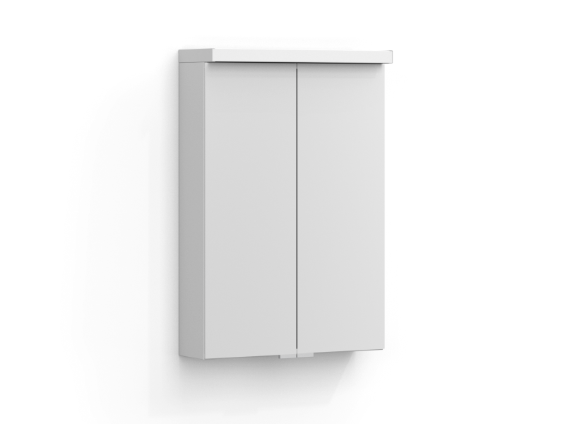 Intro spegelskåp 50 cm i vit matt med två spegeldörrar och ovanpåliggande belysning.