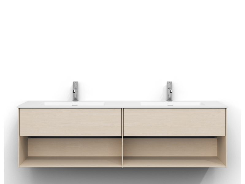 Epos kommod 160 cm bred, vägghängd, i vit ask med två lådor samt två öppna hyllor, utan handtag. Vitt tvättställ i mineralkomposit med två baljor och kromade ettgreppsblandare monterad till vid varje balja.