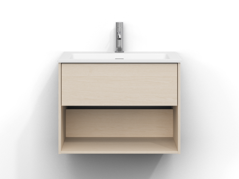 Epos kommod 60 cm bred, vägghängd, i vit ask med en låda samt en öppen hylla, utan handtag. Vitt tvättställ i mineralkomposit med kromad ettgreppsblandare monterad i mitten av tvättstället.