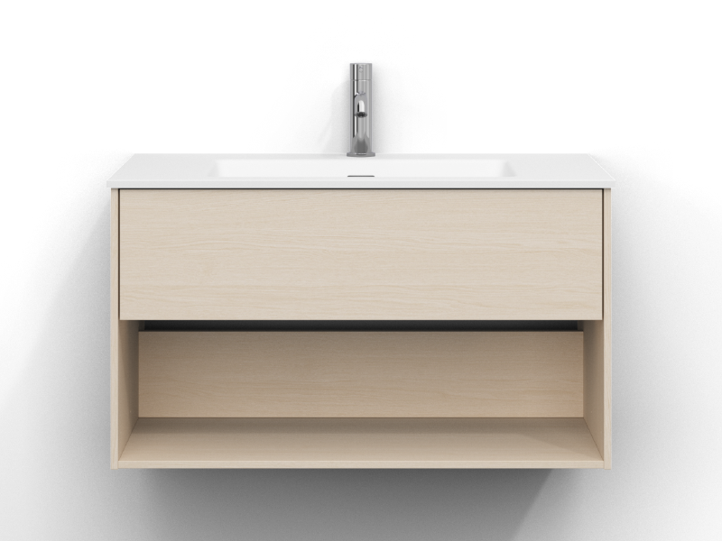 Epos kommod 80 cm bred, vägghängd, i vit ask med en låda samt en öppen hylla, utan handtag. Vitt tvättställ i mineralkomposit med kromad ettgreppsblandare monterad i mitten av tvättstället.