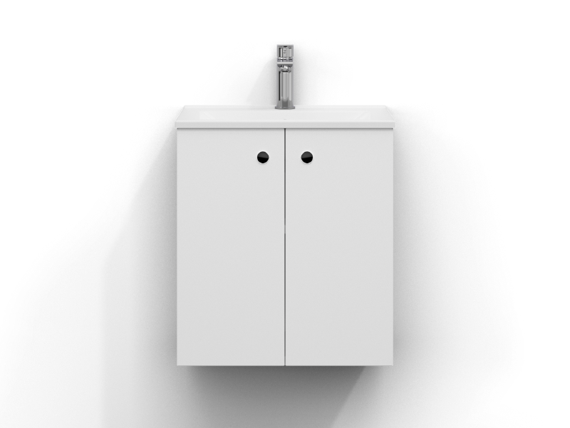 Intro kommod 50 cm bred, vägghängd, i vit matt med två dörrar och hålgrepp. Vitt porslinstvättställ med kromad ettgreppsblandare monterad i mitten av tvättstället.