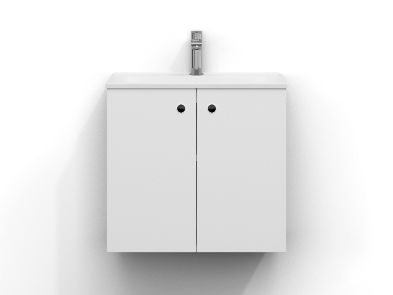 Intro kommod 60 cm bred, vägghängd, i vit matt med två dörrar och hålgrepp. Vitt porslinstvättställ med kromad ettgreppsblandare monterad i mitten av tvättstället.