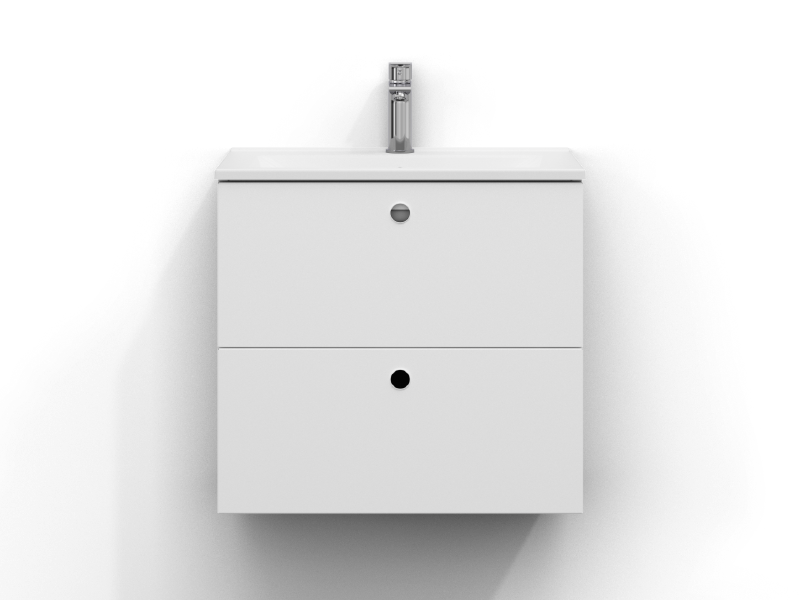 Intro kommod 60 cm bred, vägghängd, i vit matt med två lådor och hålgrepp. Vitt porslinstvättställ med kromad ettgreppsblandare monterad i mitten av tvättstället.