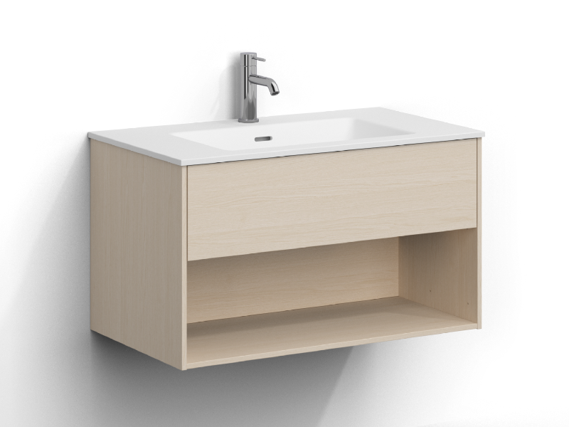 Epos kommod 80 cm bred, vägghängd, i vit ask med en låda samt en öppen hylla, utan handtag. Vitt tvättställ i mineralkomposit med kromad ettgreppsblandare monterad i mitten av tvättstället.