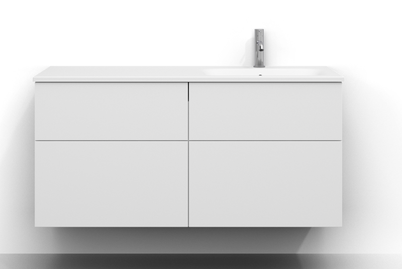 Poem kommod 120 cm bred, vägghängd, i vitt med fyra lådor utan handtag. Vitt tvättställ i mineralkomposit med balja till höger och kromad ettgreppsblandare monterad till höger på tvättstället.