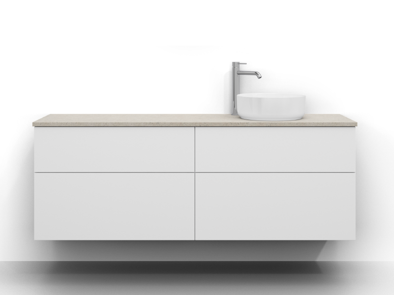 Poem kommod 160 cm bred, vägghängd, i vitt med fyra lådor utan handtag. Kvarts bänkskiva 160 cm i en grå och sandfärgad yta. Tvättställsplacering till höger av bänkskivan, kromad ettgreppsblandare till vänster av tvättstället.